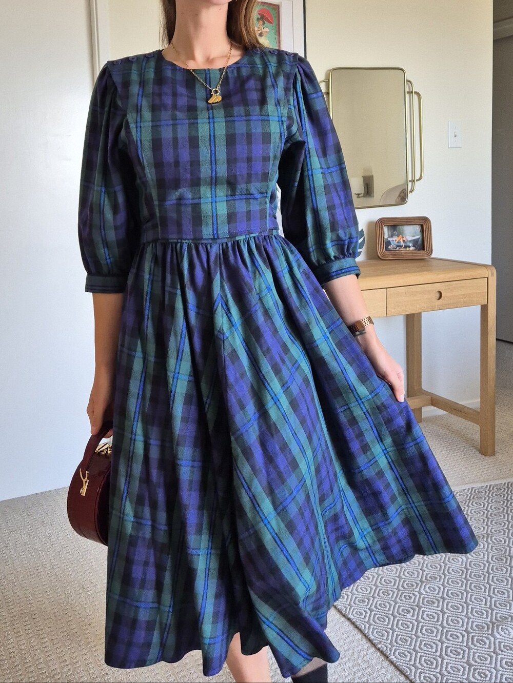 Vintage Tartan Plaid Romantic Midi Dress Made In USA